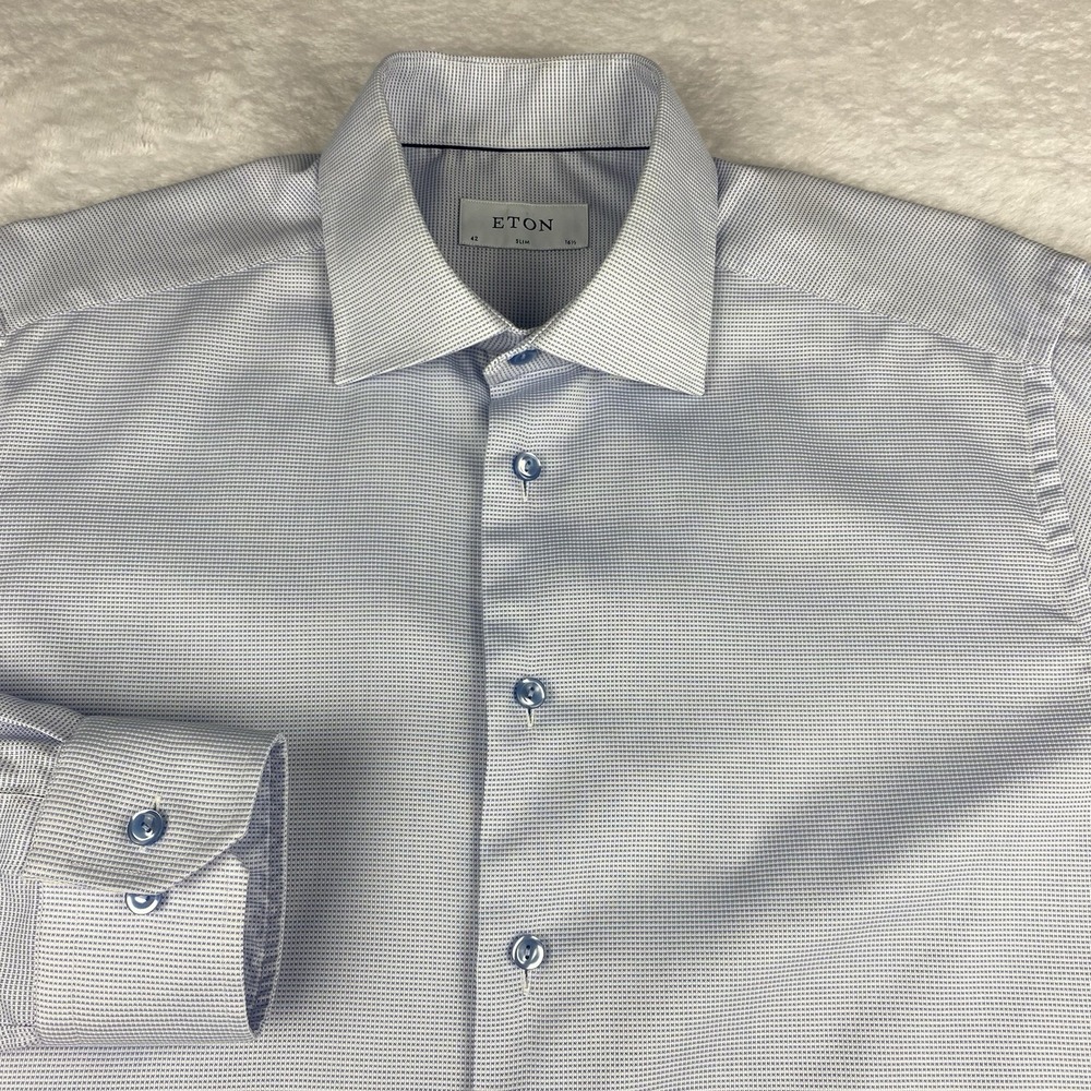 ETON Dress Shirt Mens 16.5 (42) Light Blue Weave Slim Fit